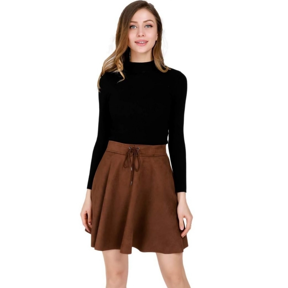 Diashiny Belt Tie High Waist Faux Suede Mini Skirt Dark Brown Size M